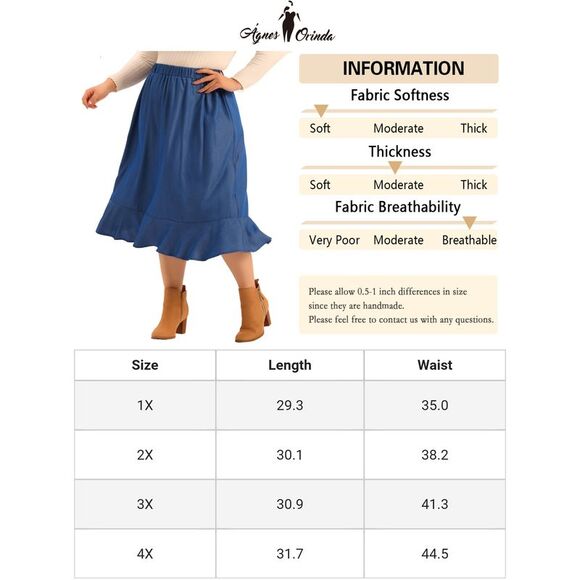 Plus Size Midi Skirt Elastic Waist Denim Tiered Pleated Hem Chambray Skirts Blue - Picture 6 of 6